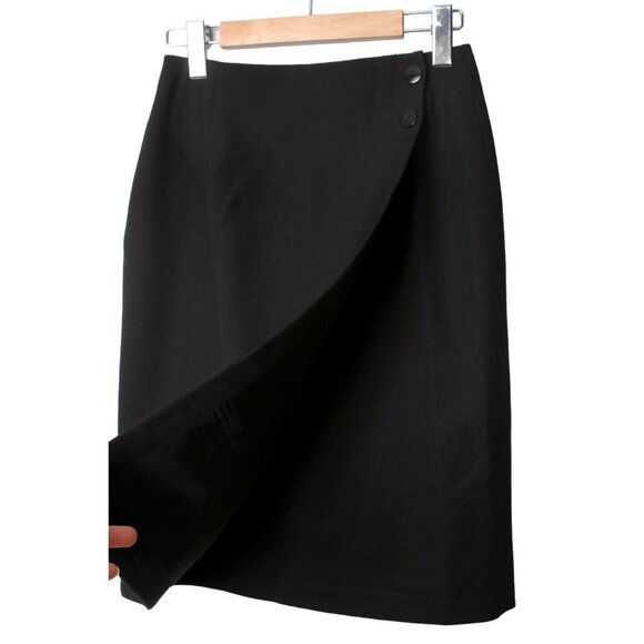 Vintage Jones New York Wool Wrap Skirt Business Evening Button Knee Length Black - Picture 3 of 8